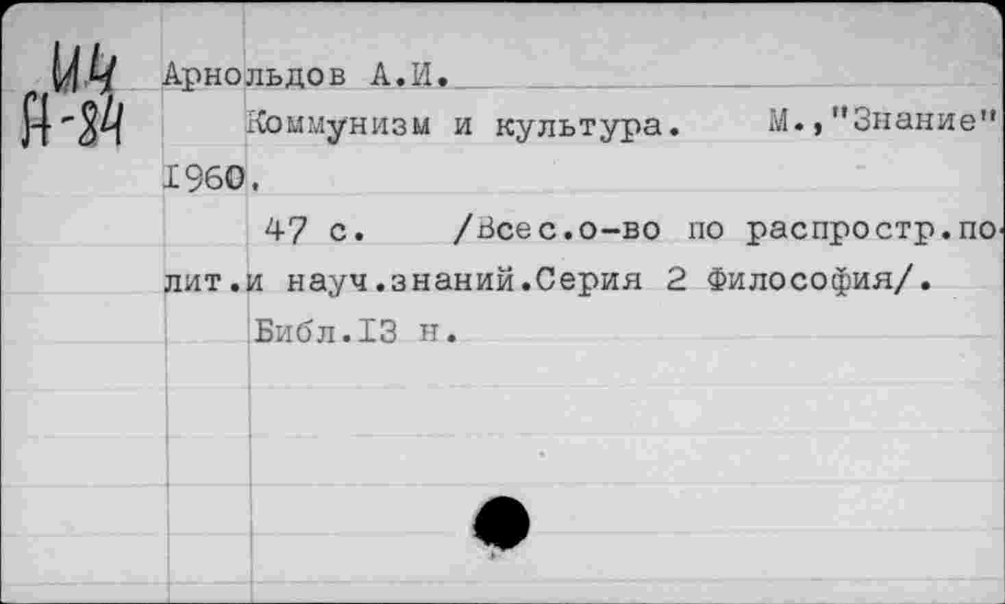 ﻿Арнольдов А.И.
Коммунизм и культура 1960.
47 с. /Всес.о-во по распростр.по лит.и науч.знаний.Серия 2 Философия/.
Библ.13 н.
М., ’’Знание'*